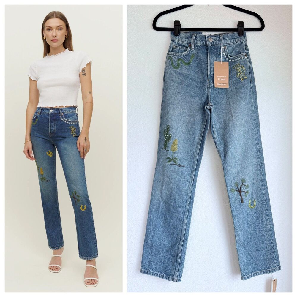 NWT Reformation Handicraft Embroidered High Rise Straight Jeans in Juno Wash 23